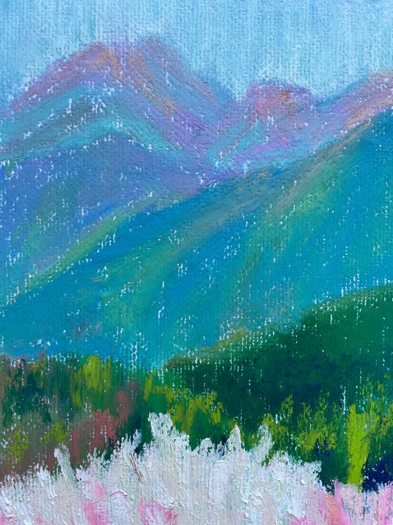 Oil pastel landscape (flowers, trees and mountain)