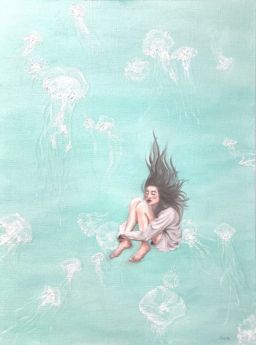 Expressive Portrait Oil Painting By Joule Kim, 12 X 16", Jellyfish Serenity, Original Artwork