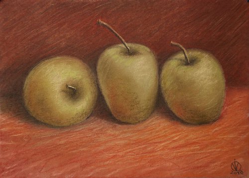 Three Apples (21.5x29.5 cm) original pastel still life realistic by Vio Valova