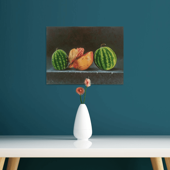 Still life pomegranate and small watermelons (40x30cm, oil painting, ready to hang)