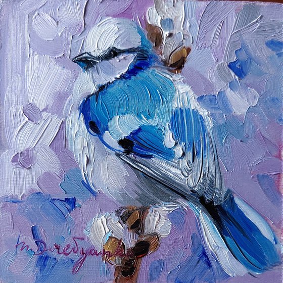 Bird painting oil original 4x4, Azure tit bird art painting framed, Small painting for bird lovers - Keep life simple