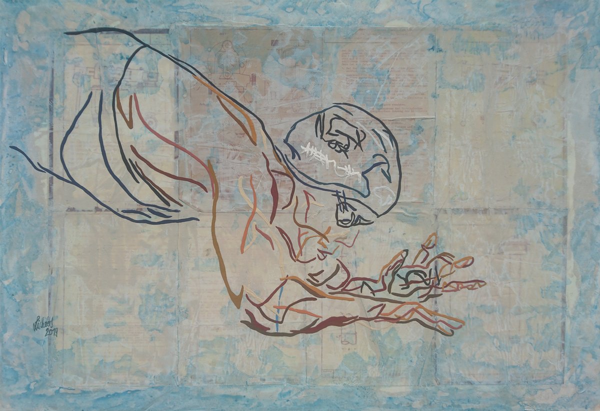 Expressive Portrait Acrylic Painting By Uli Lachelt, 39 X 28", Swimmer On The Starting Block, Original Artwork