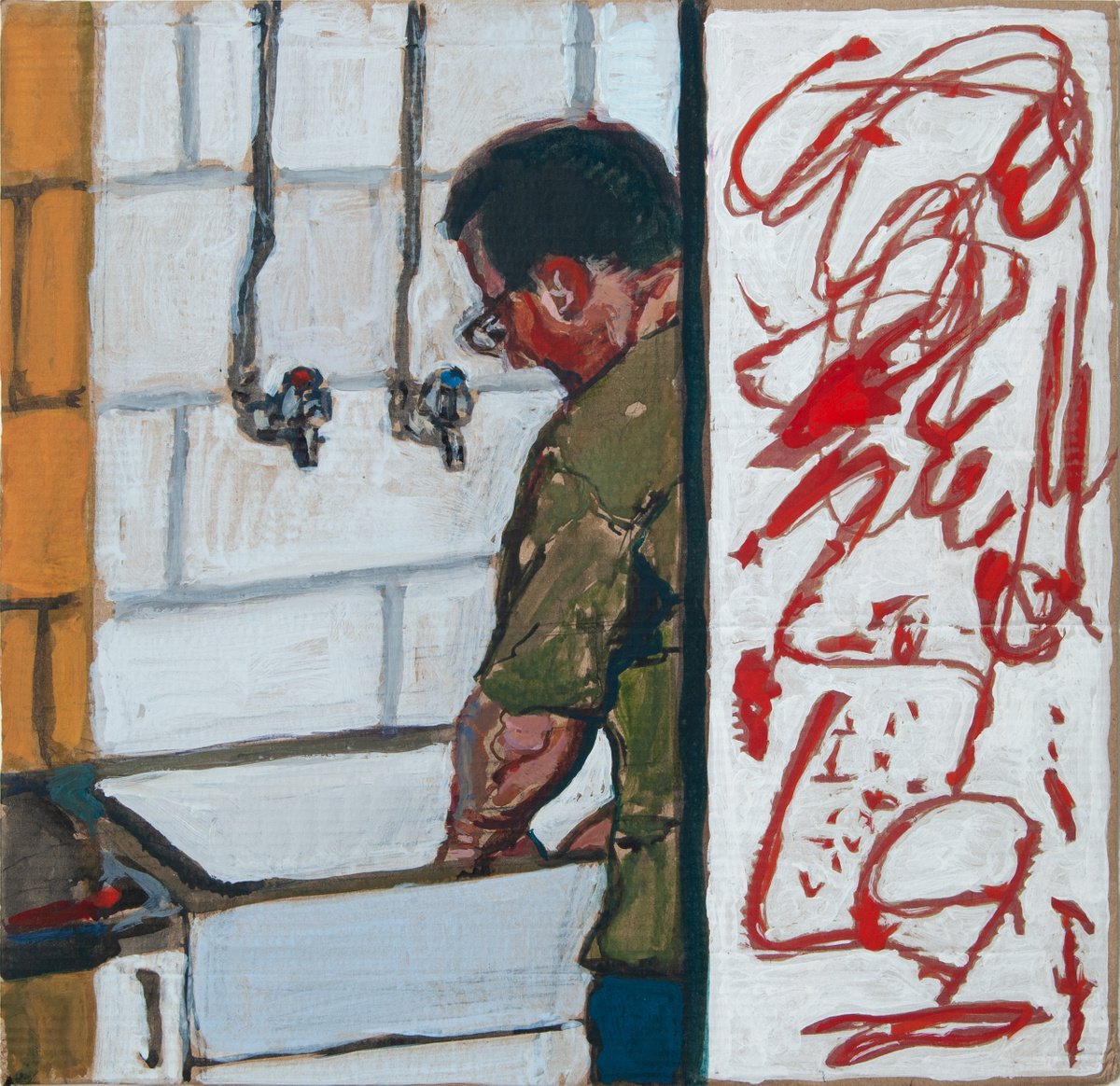 Impressionistic Portrait Painting By Ishai Rimmer, 13 X 13, Washing Brushes With Abstract, Original Artwork