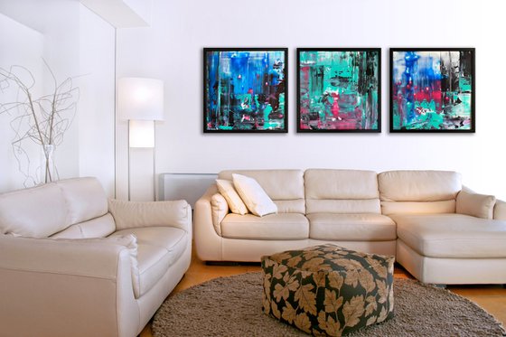 "Night Walkers" - Save As A Series - Original PMS Abstract Triptych Acrylic Paintings On Plexiglass, Framed - 78" x 26"