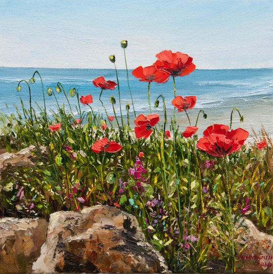 Flowers and sea. Oil painting. Original art. On canvas. 12 x 12in.