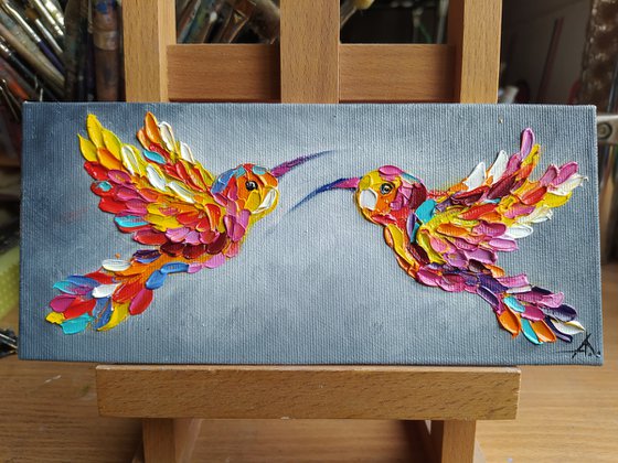 Hummingbirds in love - birds, love, animals oil painting, art bird, impressionism, palette knife, gift.