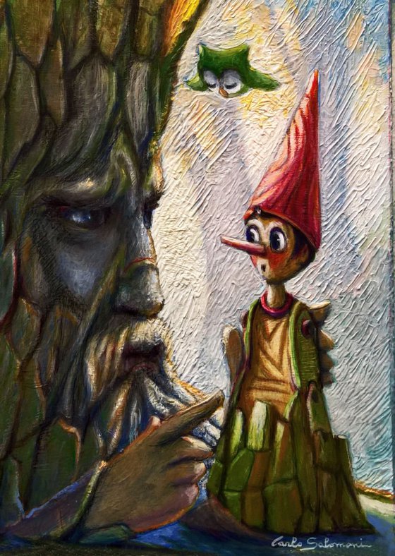 PINOCCHIO, THE TALKING TREE AND THE TINY OWLS - ( framed, 3D effect, TRIPTYCH )