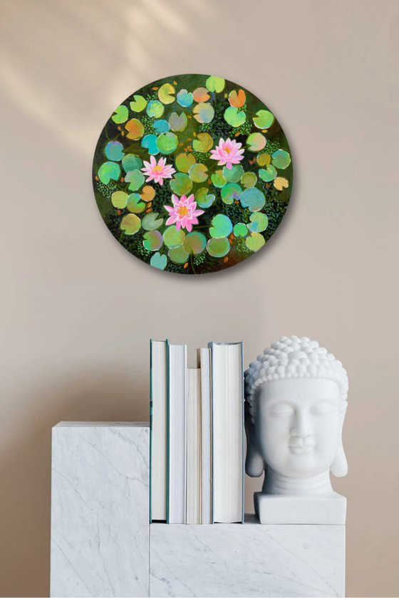 Pink water lilies pond! 12 inches round canvas and ready to hang