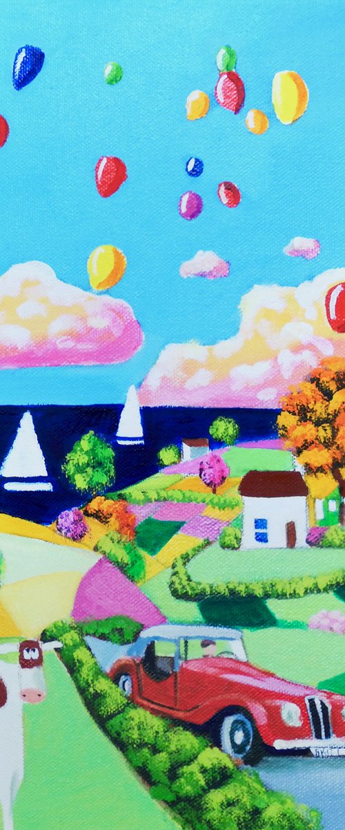 Red car and balloons, folk art painting by Gordon Bruce