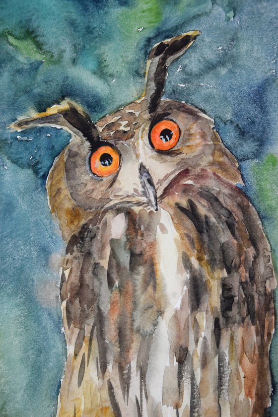 Owl watercolor painting, bird original artwork, nursery wall art