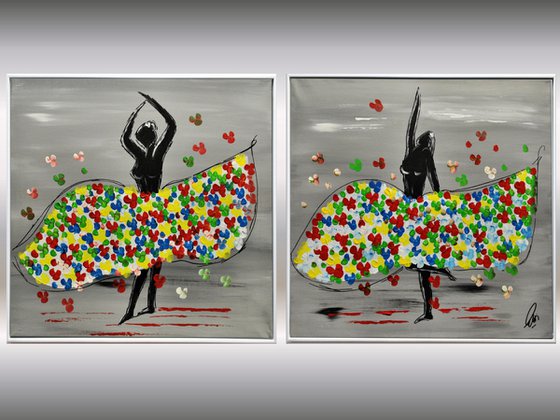 Ballerinas - Framed Abstract Acrylic Painting - Canvas Art-  Gray- Wall Art