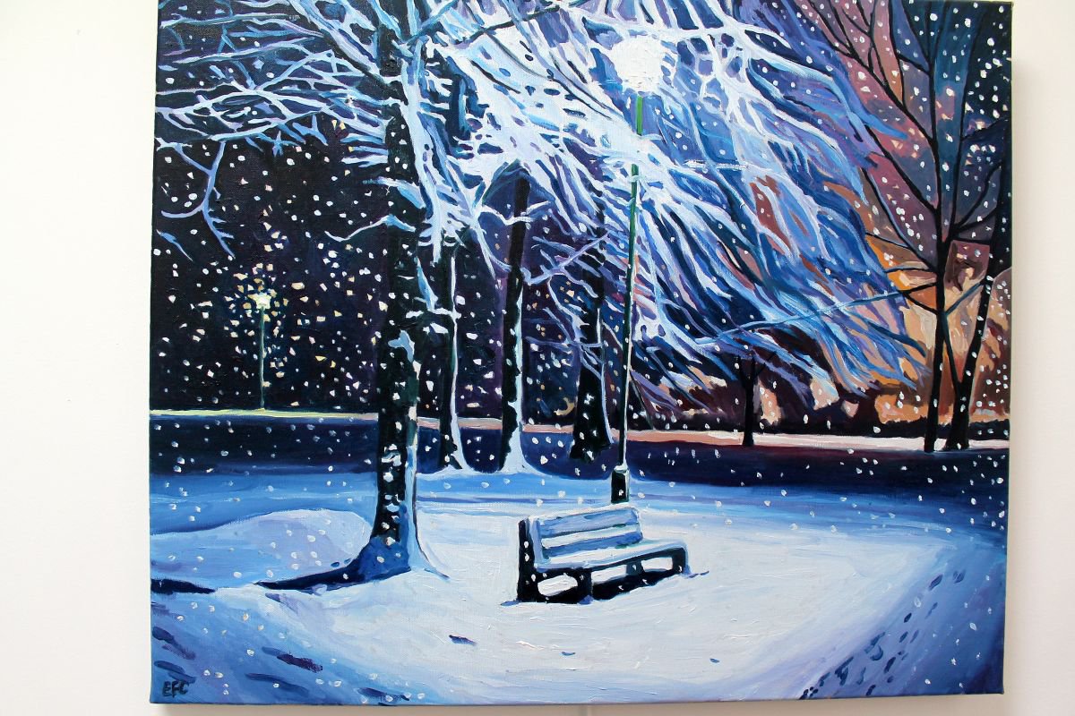 Winter wonder oil painting vignette on canvas high quality board, Snow landscape by the dock (18