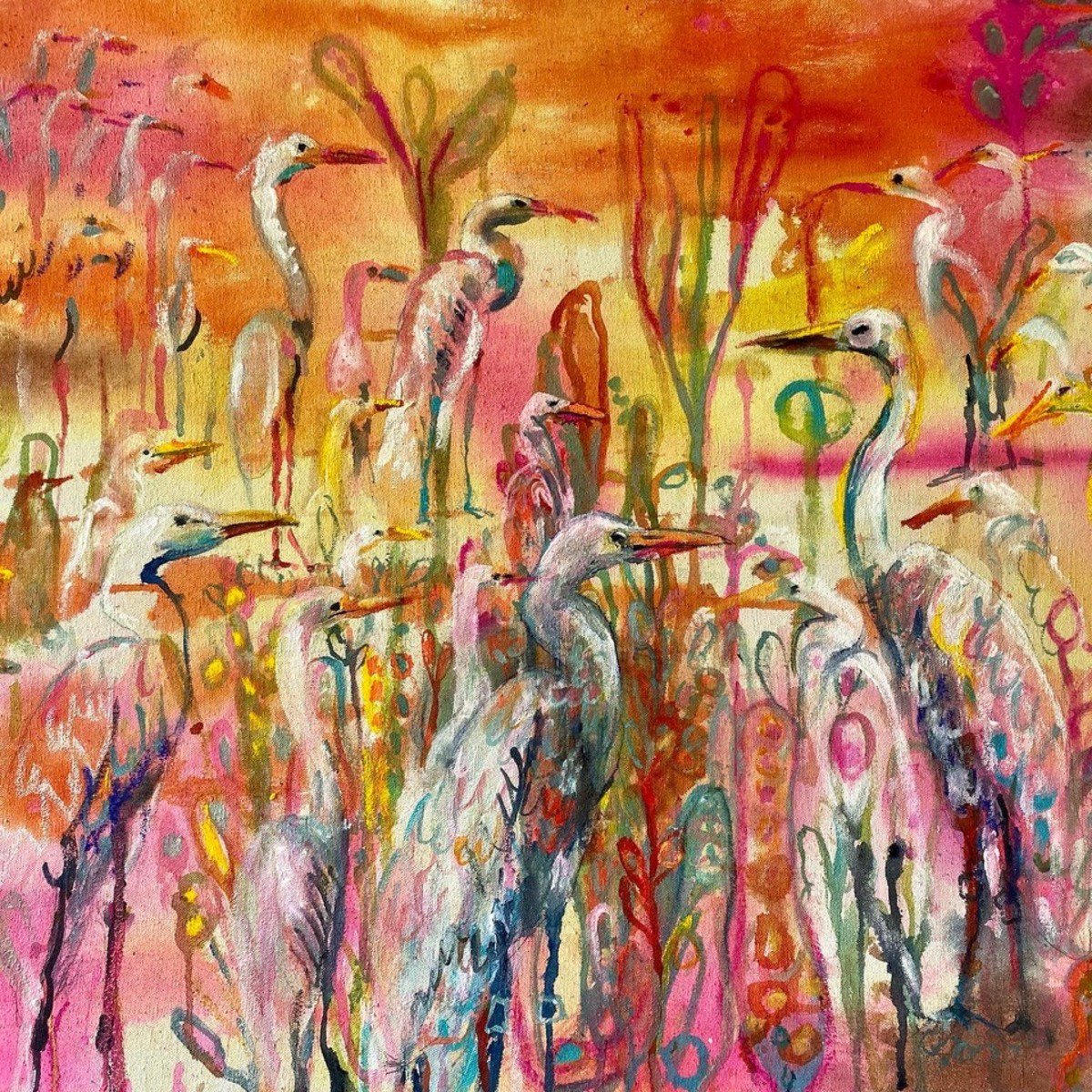 Expressive Animal Painting By Charlotte Gerrard, 28 X 28, Egrets And Dreams, Original Artwork