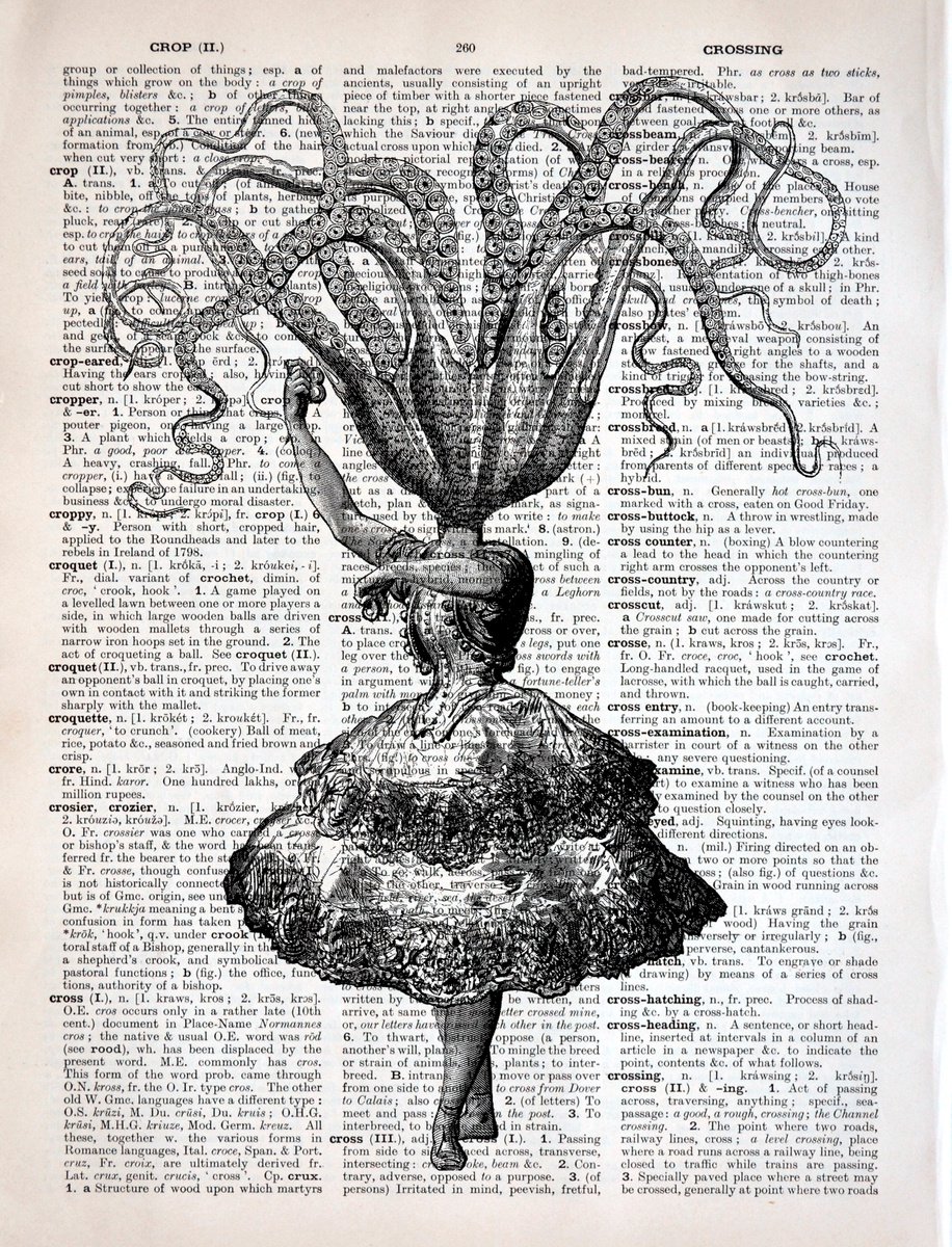 Octopus Flamenco Dancer - Collage Art Print on Large Real English Dictionary Vintage Book... by Jakub DK - JAKUB D KRZEWNIAK