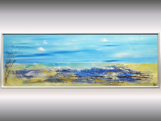 On the Beach - Abstract- Painting- Acrylic Canvas Art - Wall Art - Framed Art - Blue Art - Modern Art