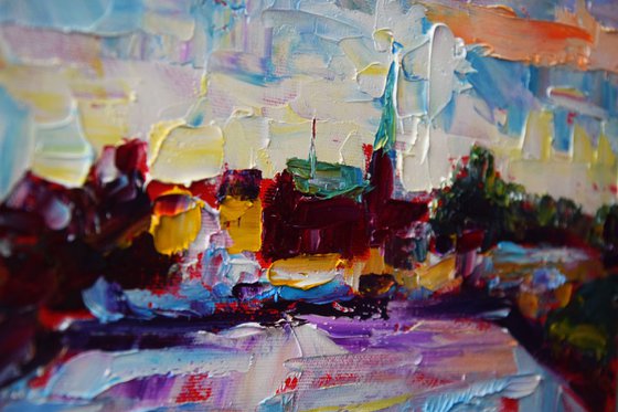 Impasto oil painting on canvas hygge city Helsingor in Denmark, Europe