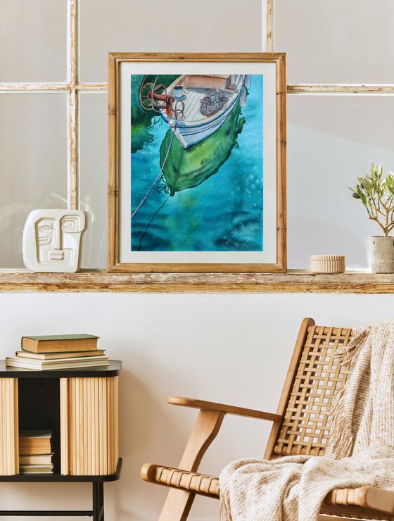 Fishing boat and reflection - original seascape watercolor artwork