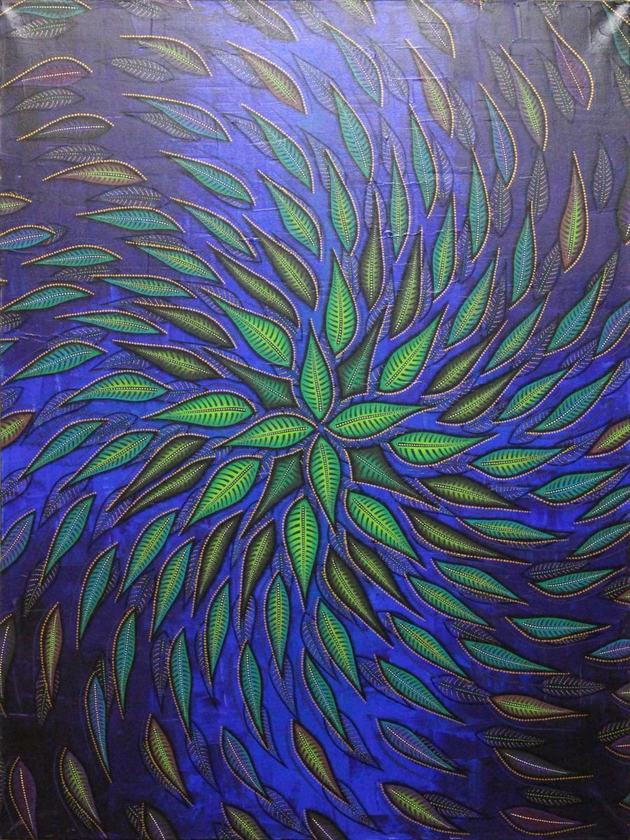 Abstract Botanical Acrylic Painting By Jonathan Pradillon, 24 X 31, Spiral Foliage, Original Artwork