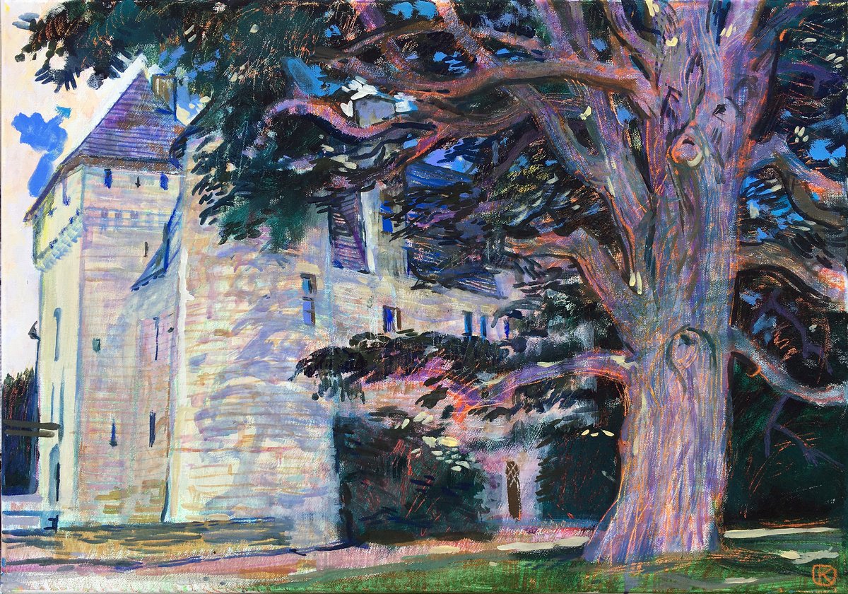 Impressionistic Landscape Acrylic Painting By Olga Kataeva-Rochford, 28 X 20", Chi?teau Du Rivau. Big Ceddar, Original Artwork