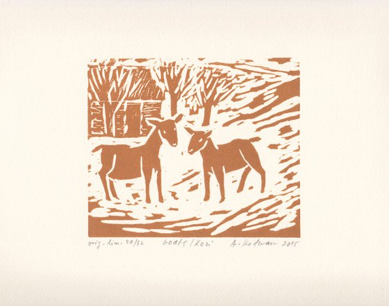 Goats - Kozi, 2015, linocut on paper, 12,2 x 14,4 cm