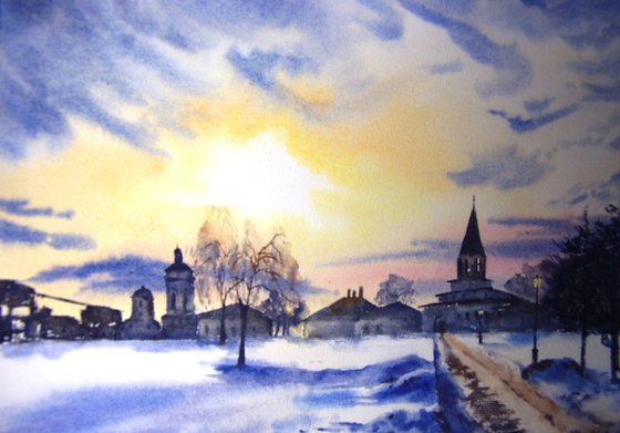 Winter landscape watercolor