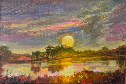 Evening moon over the lake by Elena