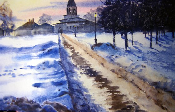 Winter landscape watercolor original painting