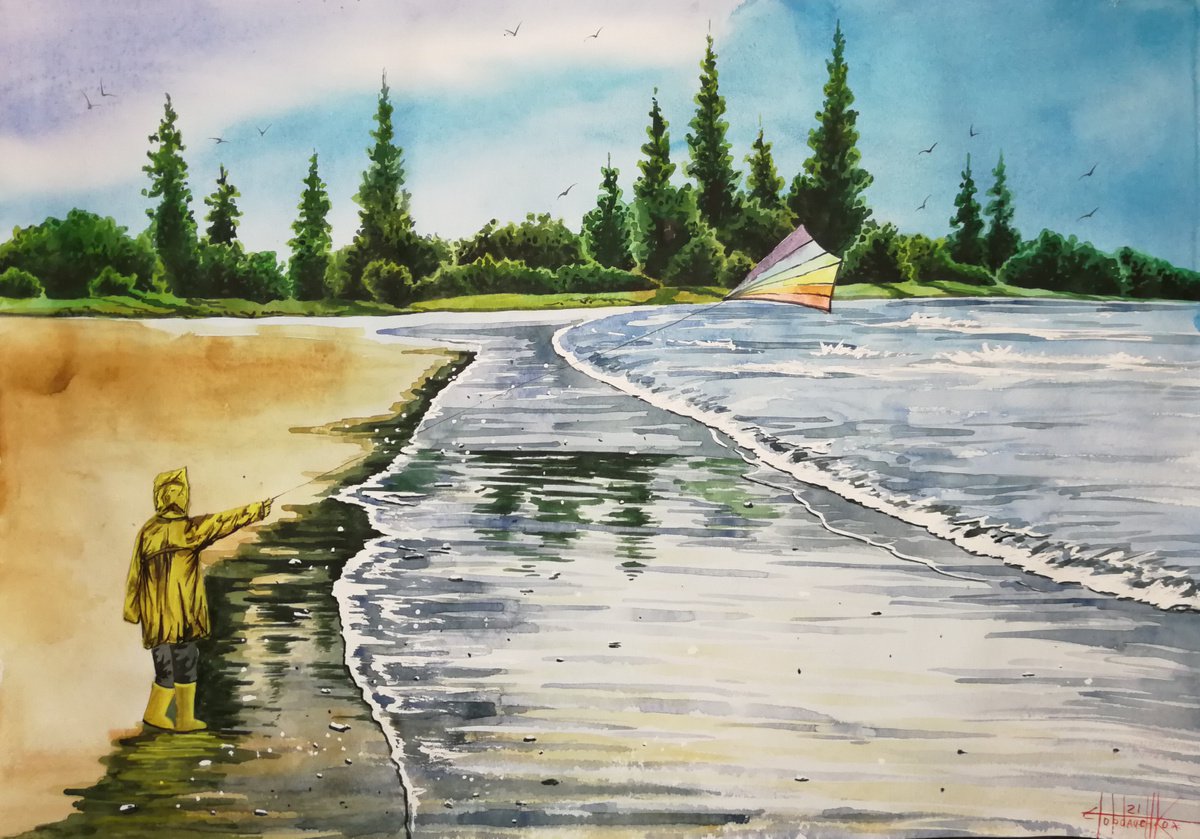 Photorealistic Landscape Watercolour By Eugene Gorbachenko, 24 X 17, Kite 2021 Watercolor On Paper 42X60, Original Artwork