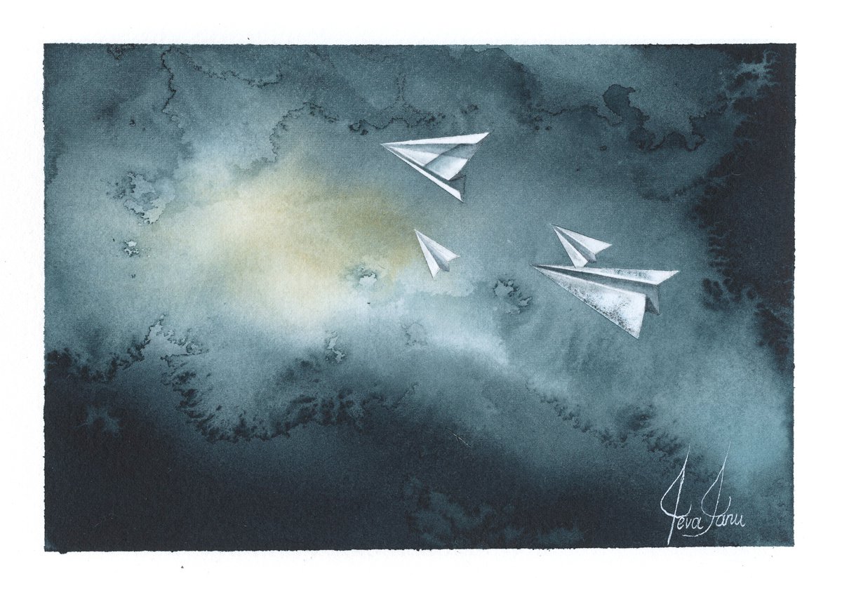 Promises IX - Origami Paper Plane Watercolor by ieva Janu