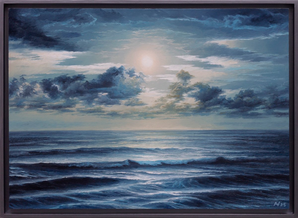 Impressionistic Landscape Oil Painting By Oleksii Vylusk, 29 X 21", Moonlight Night 12, Original Artwork