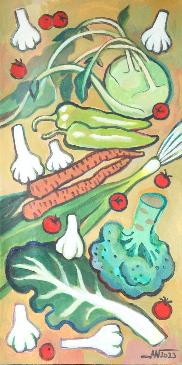 Still Life Acrylic Painting By Marina Gorkaeva, 16 X 31", In The Kitchen, Original Artwork