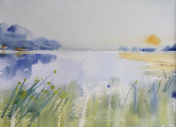 SUMMER RIVER SEVERN, Worcestershire. Original watercolour landscape painting.