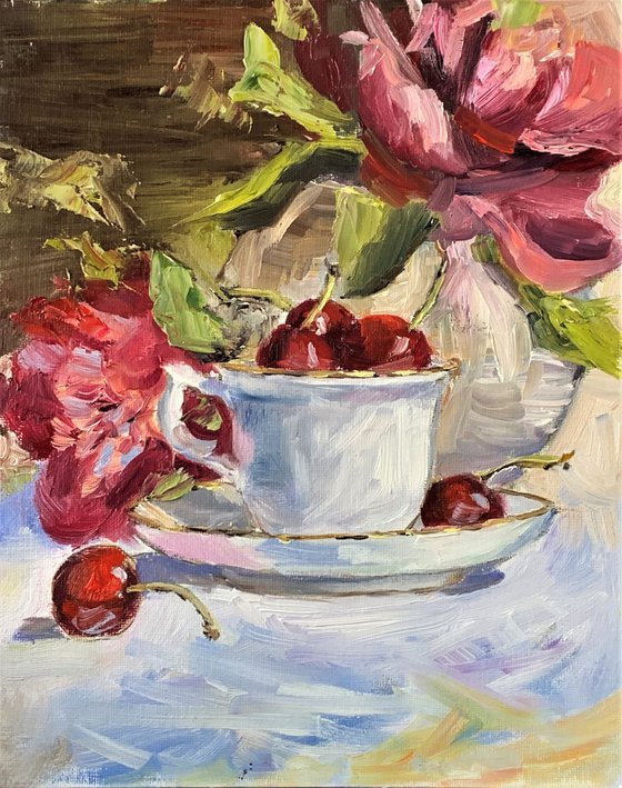 Teacup, Pionies, cheries .Still life.