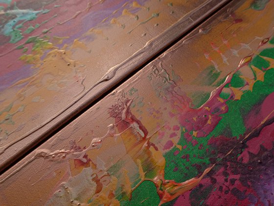 Rainbow A881 Large abstract paintings Palette knife 50x200x2 cm set of 2 original abstract acrylic paintings on stretched canvas