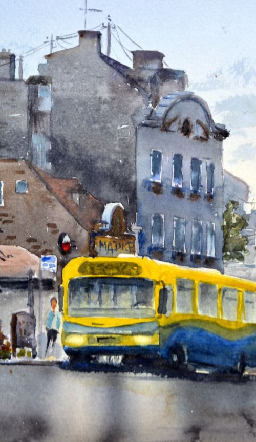 Two yellow buses, original landscape watercolor painting by Nenad Kojic by Nenad Kojić watercolorist