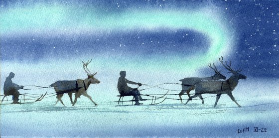 Winter northern landscape with aurora borealis.  Reindeer teams.