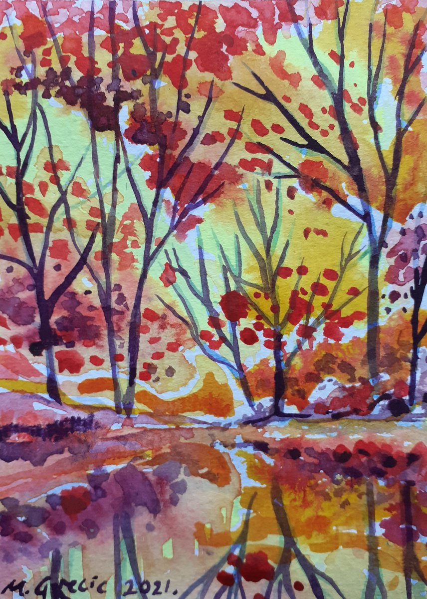 Impressionistic Landscape Watercolour By Maja Grecic, 5 X 7", Autumn In The Forest, Original Artwork