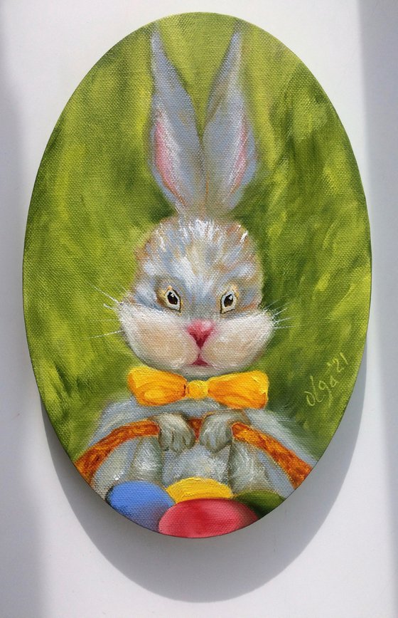 Easter Bunny with eggs - Small ellipse canvas - Funny gift idea