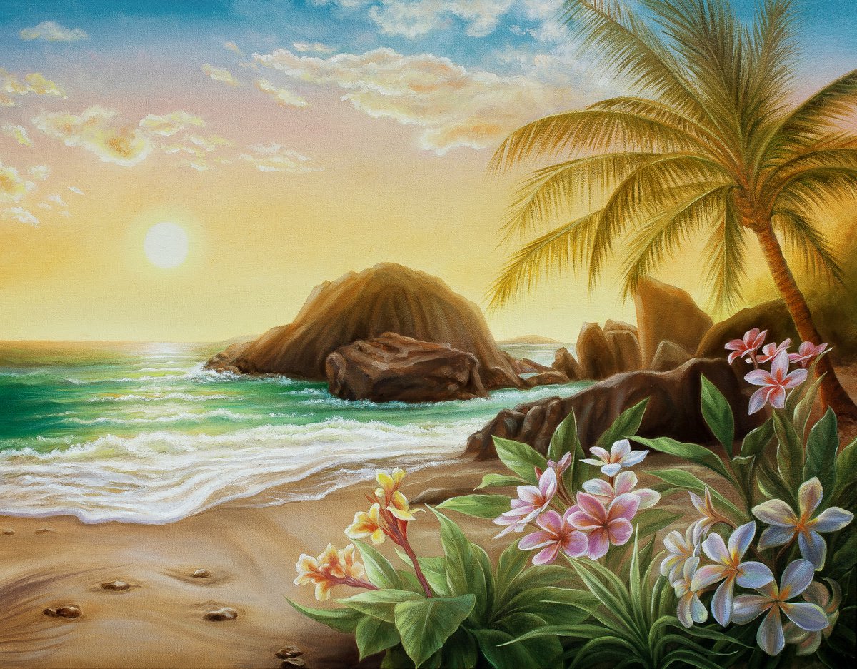 Evening in paradise, tropical oil landscape art, seaside painting by Anna Steshenko