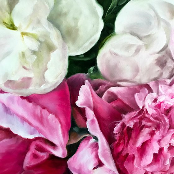Large square painting with peonies "About Love" 90*90 cm