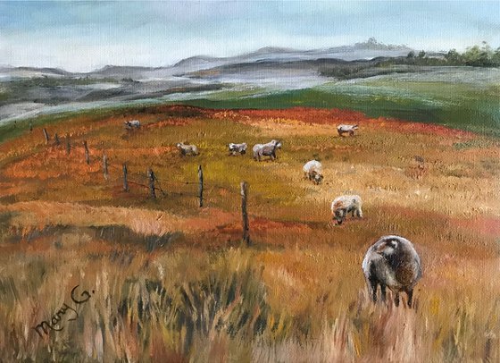 Sheep Grazing Original Oil Painting on Panel Board Farm House, Rustic Wall Decoration