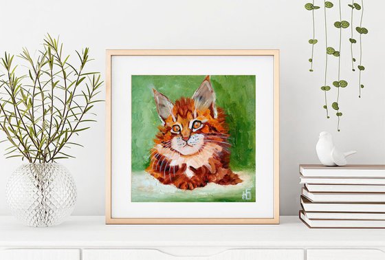 Ginger kitty, Cat Oil Painting Original Art Ginger Maine Coon Kitten Artwork Small Pet Portrait Wall Art