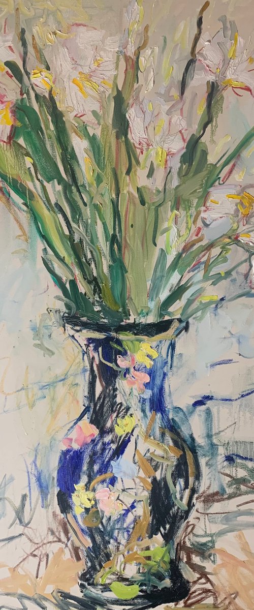 White irises in an old vase. by Lilia Orlova-Holmes