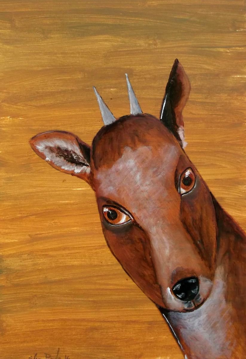 The goat on ocher background - oil on paper by Silvia Beneforti