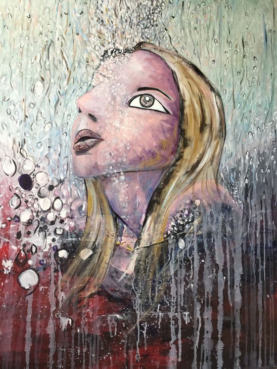 Rain Drops Acrylic Painting Large Canvas Art Original Artwork Woman Submerged 40"x50" Free Shipping