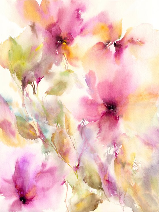 Abstract flowers, pink floral watercolor bouquet