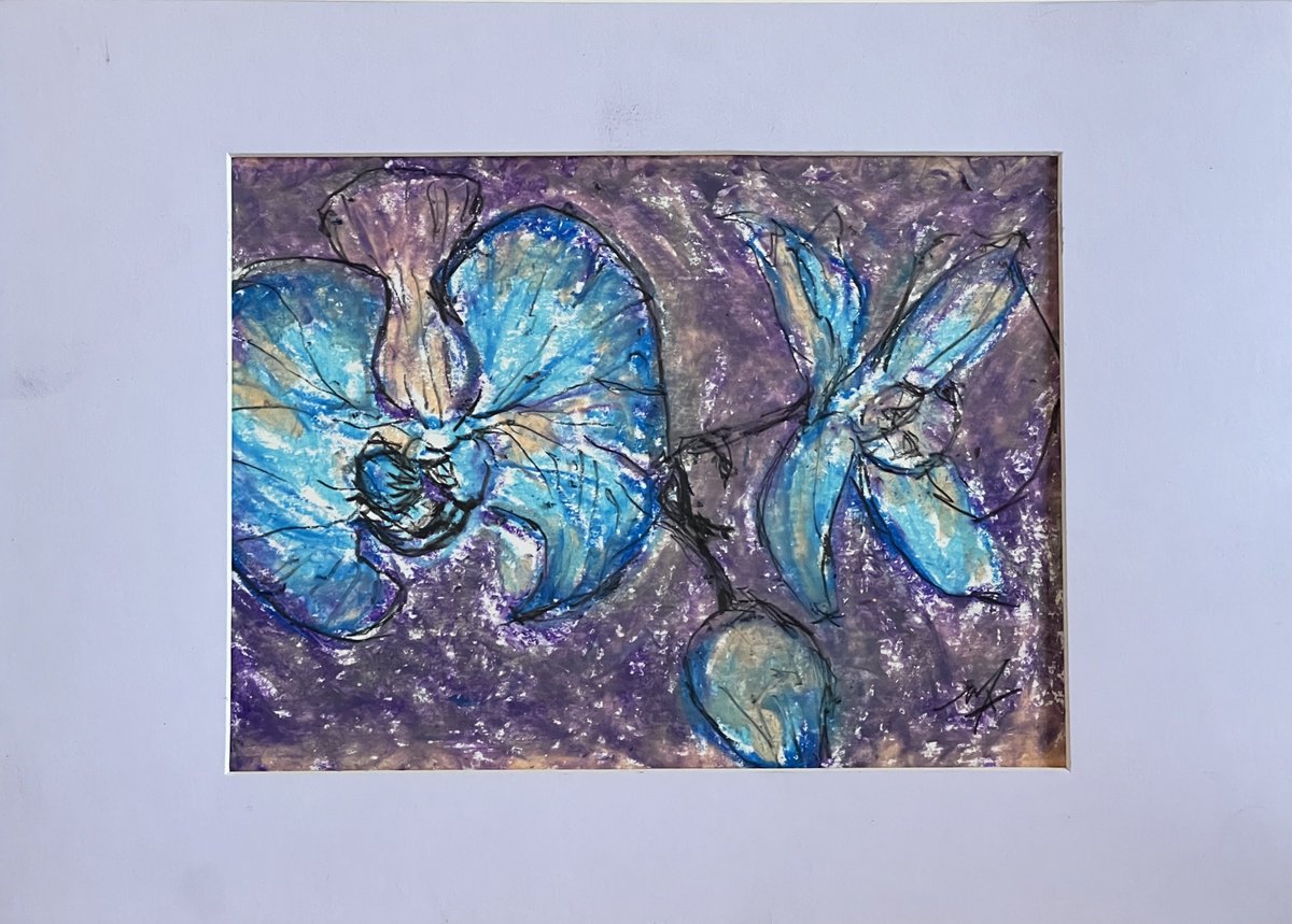 Impressionistic Botanical Pastel Drawing By Maxence Ma, 12 X 8", Azure Orchids, Original Artwork