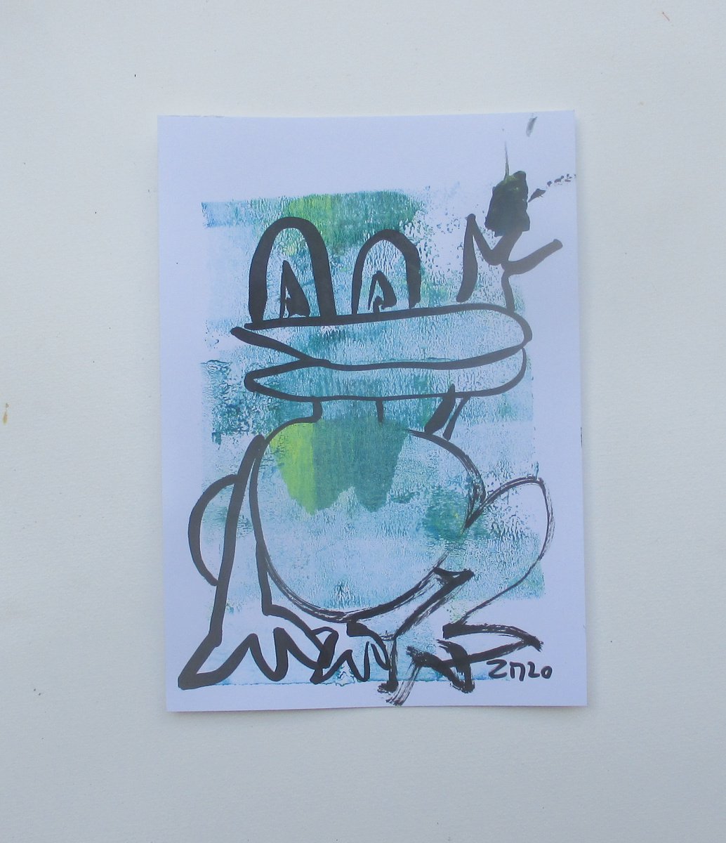 funny frog 8,2 x 5,9 inch unique mixedmedia drawing by Sonja Zeltner-Muller