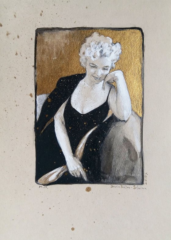 Golden Marilyn Monroe #1/ Realistic Pencil Portrait / Goddes /Qween /Realistic Pencil Mixed media modern Drawing/ Gold Black White / Gift idea