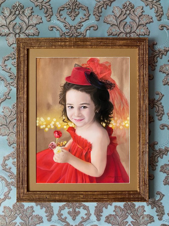 Custom pastel portrait. Portrait of  girl. Portrait from photograph.